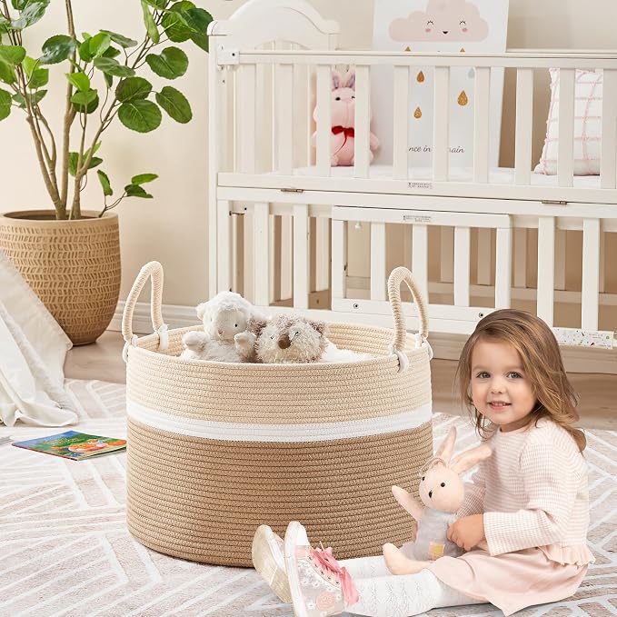 KAKAMAY Large Blanket Basket with Handles, Storage Basket for Living Room | Extra Large Capacity | Natural Cotton Rope | Blanket Storage | Woven Storage Basket | Stuffed Animal Storage | Laundry Basket - Image 4