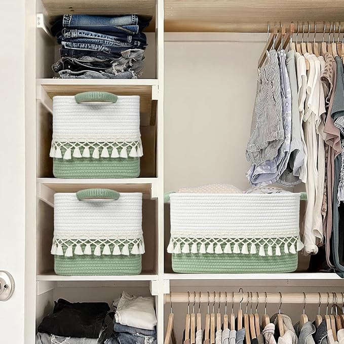 2 Pack Storage Basket, Heavy Tassel Woven Baskets for Storage, Boho Cotton Rope Storage Bin, Cube Organizer Bins, Baby Laundry Basket for Clothes, Toys, Diapers, Pets（White & Green） - Image 9