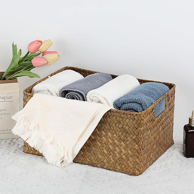 Hipiwe Seagrass Storage Basket Bin Rectangular Handwoven Wicker Storage Box with Handle Opened Baskets Box for Shelf Organizing Closet Bathroom, Caramel, Medium - Image 2