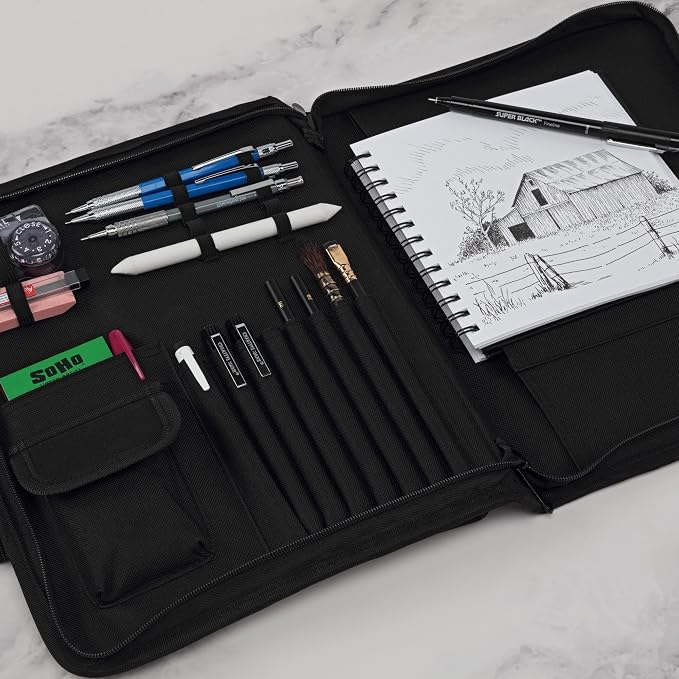 Creative Mark Sketch Folio Plus - Water-Resistant Zippered Nylon Sketch Padfolio, Black Art Travel Bag for Plein Air Artists, Holds 9x12 Sketchbook, Pockets for Brushes, Pencils & Accessories - Image 3