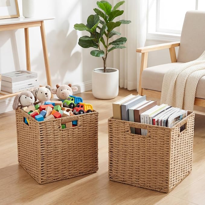 6 Pcs Wicker Storage Baskets 11.8 x 11.8 in Cube Storage Bin Organizer Camel Square Foldable Wicker Baskets for Shelves Organizing Decor Laundry Pantry Toys - Image 4