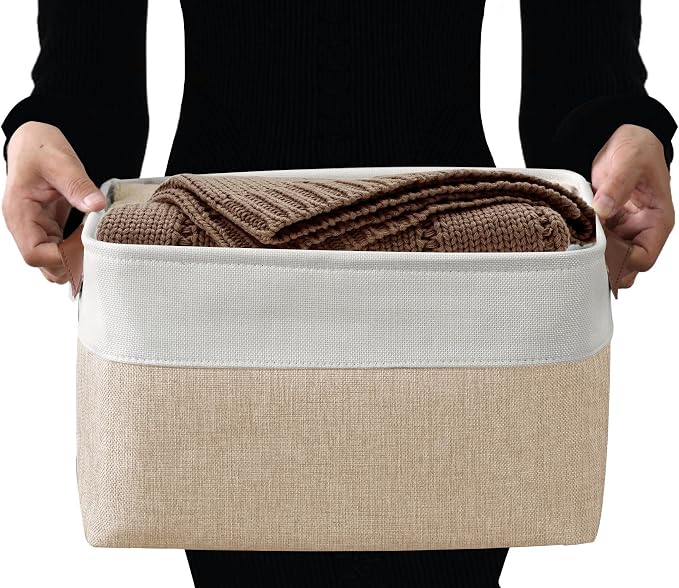 DECOMOMO Storage Bins, Extra Large Fabric Storage Baskets for Shelves 3Pack | 15.8 x 12.5 x 10 inches Decorative Linen Closet Organizers (Beige & White) - Image 4