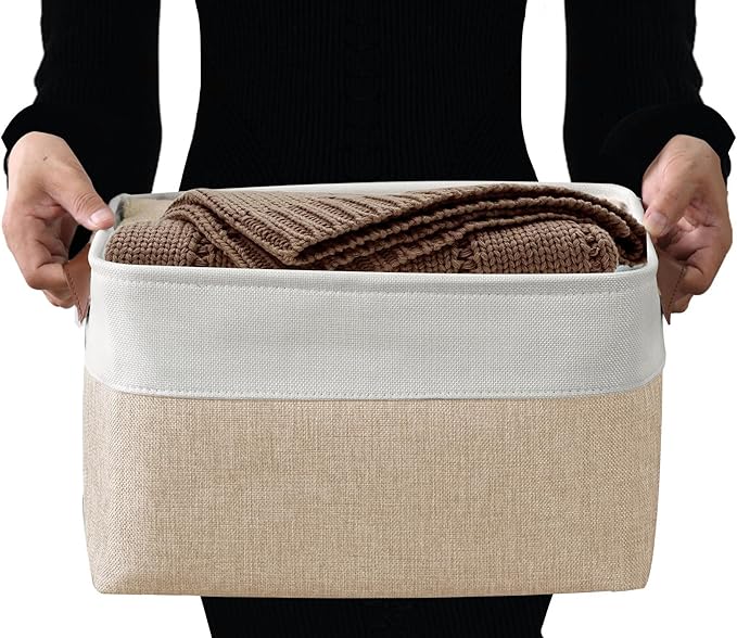 DECOMOMO Storage Bins, Large Fabric Storage Baskets for Shelves 3 Pack | 15 x 11 x 9.5 inches Decorative Linen Closet Organizers with Handles(Beige and White) - Image 5