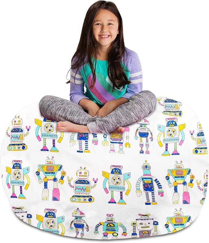 Posh Creations Stuffable Kids Stuffed Animal Storage Bean Bag Chair Cover - Childrens Toy Organizer, X-Large-48 - Canvas Robots on White by PoshCreations