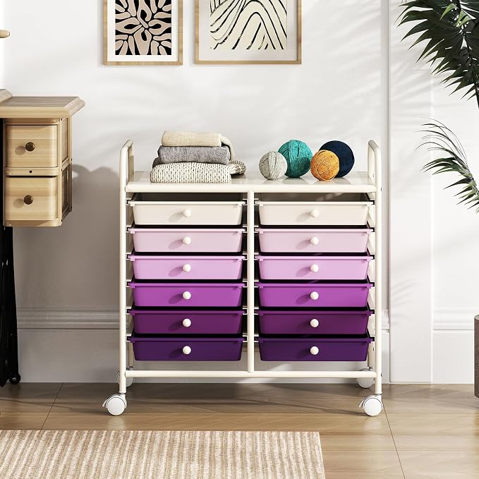 RELAX4LIFE 12-Drawer Rolling Storage Cart - Mobile Utility Cart on Wheels for School Classroom Teacher Office Salon, Paper File Art Supply Craft Organizer, Rolling Cart with Drawers (Gradient Purple) - Image 8