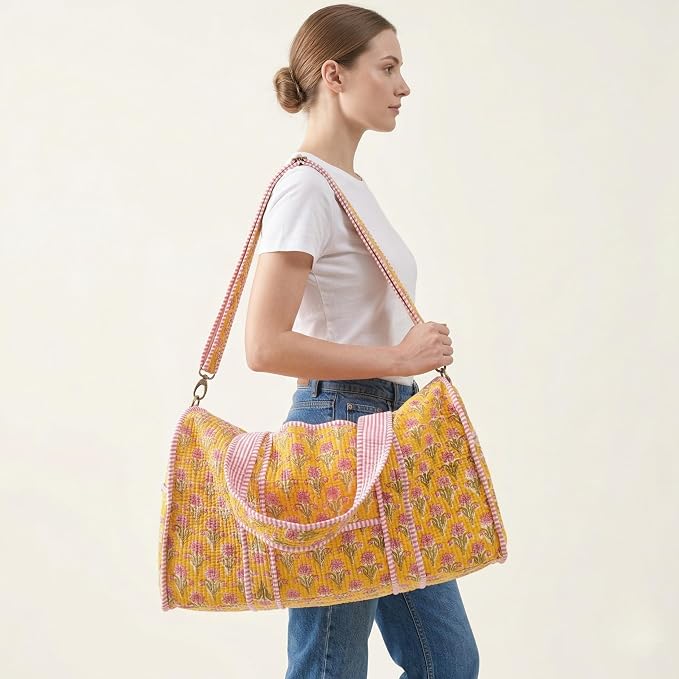ATOSII Handblock Print 100% Cotton Large Quilted Duffle Bag for Overnight Trip, Travel Weekend Bag, Gym, Luggage, 2 Pockets with Zipper, 1 Front Pocket, Detachable Long Strap, 20 X 10 X 12 Inches, Sol - Image 3