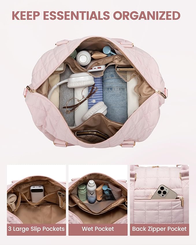 LOVEVOOK Large Duffle Bag for Travel, Puffer Weekend Bags for Women Travel Tote, Carry on Duffel Bag for Airplanes, 18 Inch Personal Item Bag Gym Bag Women, Pink - Image 5