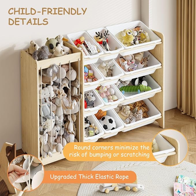 EXPERLAM Kids Toy Storage Organizer, 2-in-1 Stuffed Animal Storage & Toy Organizer w/12 Bins, Solid Wood Toy Rack Featuring Thicker Elastic Ropes to Hold Toys, Playroom Nursery Bedroom Storage, White - Image 4
