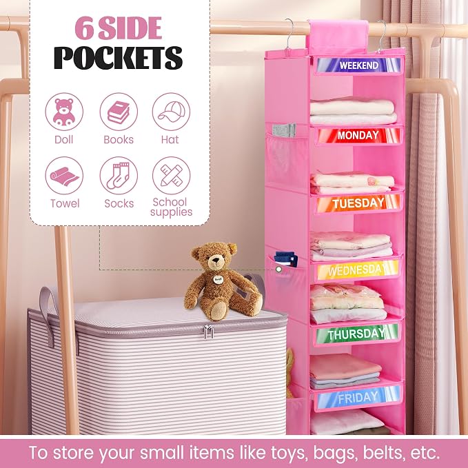 2 Pack 6-Shelf Weekly Clothes Organizer for Kids, Hanging Daily Closet Organization with 6 Side Pockets, Days of The Week Clothing Divider Storage for Boys and Girls (Pink) - Image 5