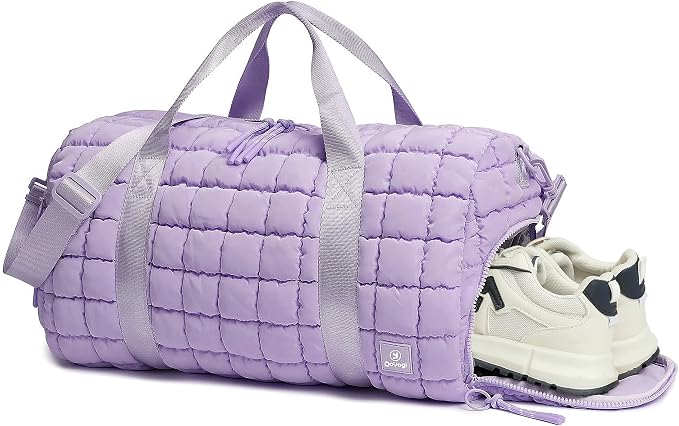 Quilted Gym Bag for Women,Duffle Bag for Travel with Wet Pocket,Carry on Weekender Bags for Women,Travel Bag with Shoe Compartment (Light purple) by DOYOGI