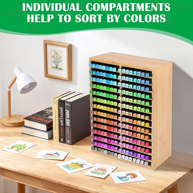 Bamboo Marker Organizer for 224 Markers, Desktop Marker Storage Holder | 28 Compartments, Large Capacity, Space-saving, FSC-certified Bamboo, No Assembly - Image 6