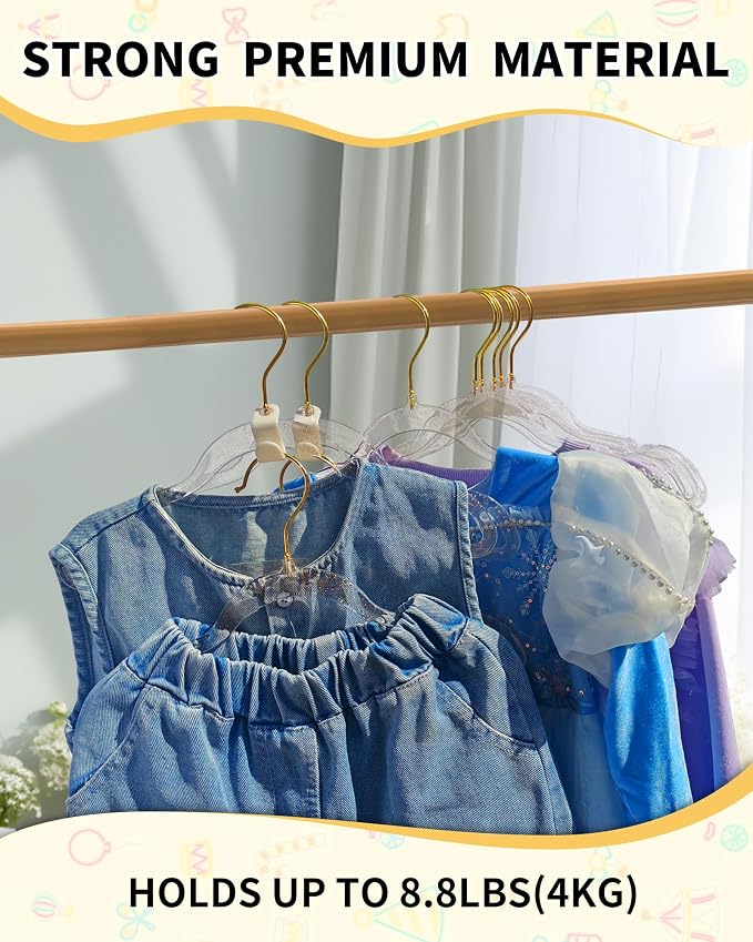 50pcs Slim Clear Toddler Hangers with 10 Connector Hooks for Kid's Closet | Swivel Golden Sparkling Baby Clothes Hangers with Gold Glitter for Infant Coat Outfit, Perchas for Children Boy Gril Nursery - Image 2
