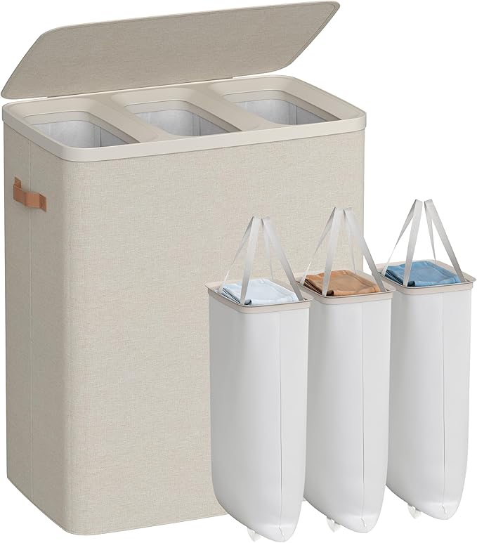 SONGMICS Laundry Basket, 50.2 Gal. Laundry Hamper, 3 Compartments, Easy Assembly, with Lid and Handles, Removable Liners, 25.2 x 15.7 x 29.5 Inches, Cappuccino Beige ULCB814LH01 by Unknown