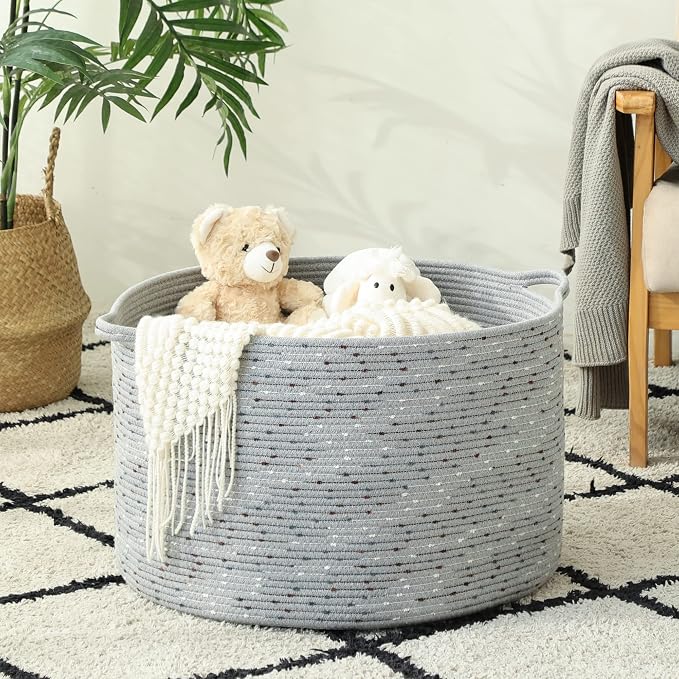 KAKAMAY Large Blanket Basket (20"x13"),Woven Baskets for storage Baby Laundry Hamper, Cotton Rope Blanket Basket for Living Room, Laundry, Nursery, Pillows, Grey with Blue & Brown Dotted | Extra Large Capacity | Natural Cotton Rope | Blanket Storage | ... - Image 4