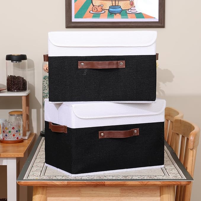 ANMINY Fabric Storage Box Bins with Lids, Black White, 15"x10"x10", 2 Pack | Keepsake Memory Storage, Cotton Linen, PP Board Reinforced, Washable, PU Handles, Foldable & Stackable, Decorative, Large - Image 6