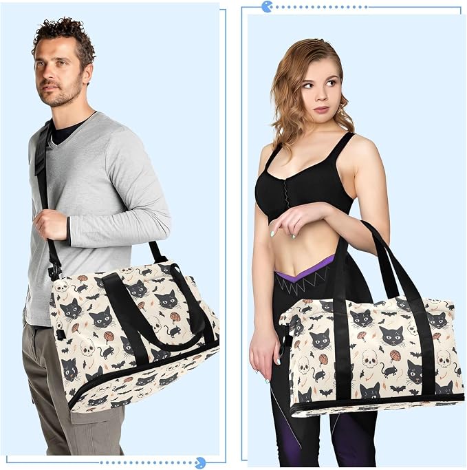 Travel Duffel Tote Bag Cat and Skulls Sports Duffel Bag with Wet Pocket Weekender Overnight Bag for Women Men Gym Bag, Carry On Bag Hospital Bag for Labor and Delivery - Image 4