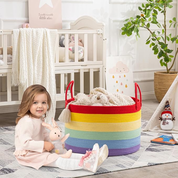 KAKAMAY Large Blanket Basket with Handles, Storage Basket for Living Room | Extra Large Capacity | Natural Cotton Rope | Blanket Storage | Woven Storage Basket | Stuffed Animal Storage | Laundry Basket - Image 3