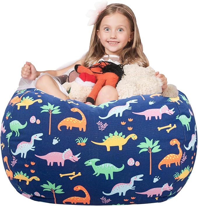 WEKAPO Stuffed Animal Storage Bean Bag Chair Cover for Kids | Stuffable Zipper Beanbag for Organizing Children Plush Toys Large Premium Cotton Canvas (Dinosaur, X-Large) by Wekapo