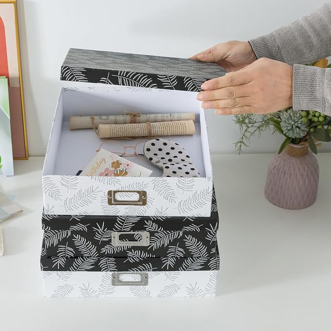 SLPR - Black and White Decorative Storage Boxes with Lids, Set of 3 | Large Cardboard Photo Box Set for Home Decor and Organizing, Keepsake Memory Organizers for Documents and Scrapbooks - Image 2