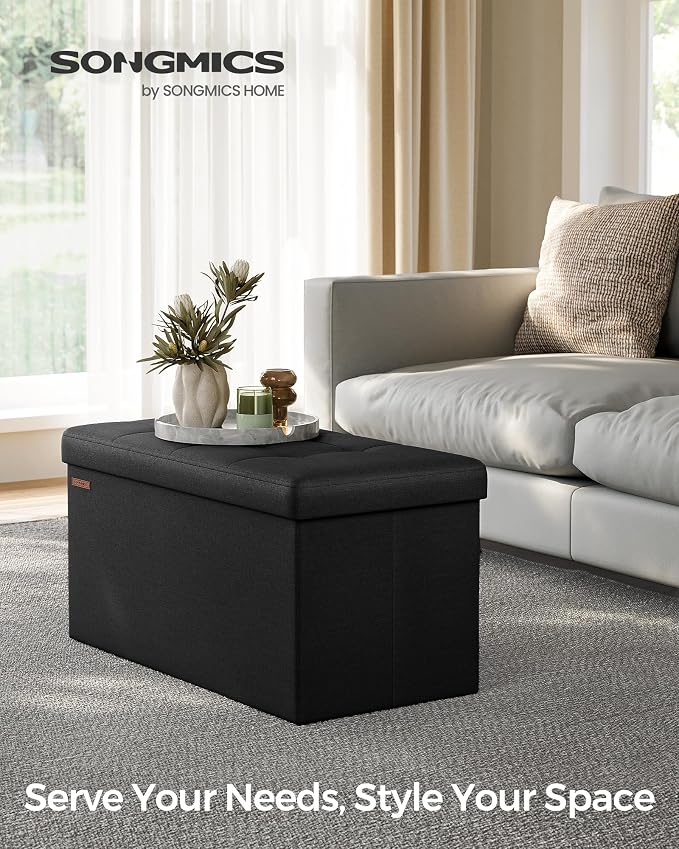 SONGMICS Mazie Collection - 30 Inches Folding Storage Ottoman Bench, Ottoman Foot Rest, End of Bed Bench, Storage Chest, Load 660 lb, for Living Room, Bedroom, Entryway, Ink Black ULSF047B01 - Image 3