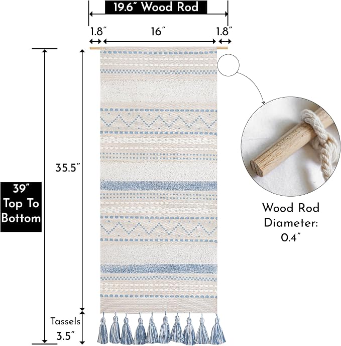 BlissBlush Long Vertical Wall Hanging Tapestry Coastal Blue Woven Boho Farmhouse Décor Tassel Handmade Wall Art Decoration for Bedroom Living Room Dorm Nursery Apartment, 16x39 INCH - Image 3