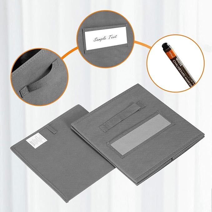 13x13x13 storage cube bins (Set of 10) Fabric storage cubes with 10 Labels Window Cards & a Pen, storage cubes 13x13, Collapsible 13 inch cube storage bins, Cubby Organizer Boxes, Gray - Image 2