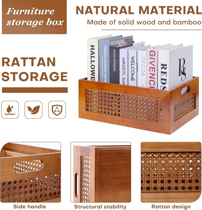 Rattan Wooden Box 14x10x6in Handmade Decorative Storage Basket with Handles | Natural Bamboo Woven Storage Basket Rustic Farmhouse Decor Home Office Tabletop Shelf Drawer Closet Desk Organizer, Brown - Image 3