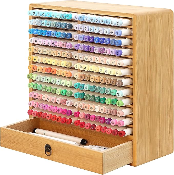 Marker Organizer, 24 Slots Wooden Storage for Up to 216 Markers with Drawer | Art Supply Alcohol Pen Storage Desktop Bamboo Marker Holder,Keeping Color Visible,Easy to Reach in Home Office and Classroom. by Unknown