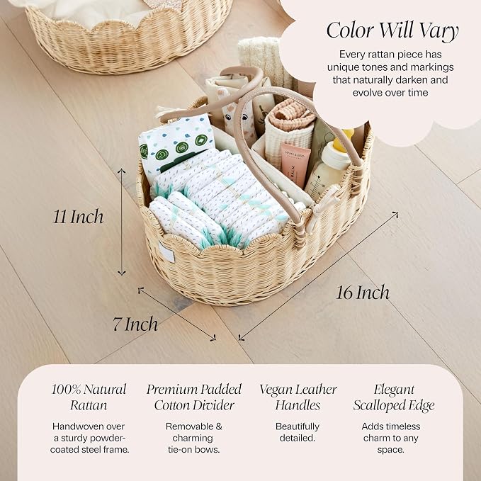 BEBE BASK Premium Baby Diaper Caddy Organizer - Scalloped Rattan Basket | Handmade & Award-Winner, Elegant Scalloped Edge, Newborn Essentials, Nursery Basket, Removable Divider, Baby Shower (Natural) - Image 4