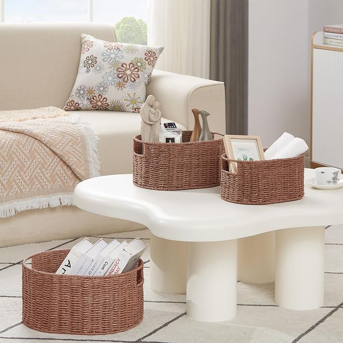 Wicker Storage Basket, Set of 3 Hand-woven Storage Baskets for Organizing, Round Large Wicker Baskets for Storage Decor, Pantry Storage Cubes Organization Baskets for Shelves, Brown - Image 6