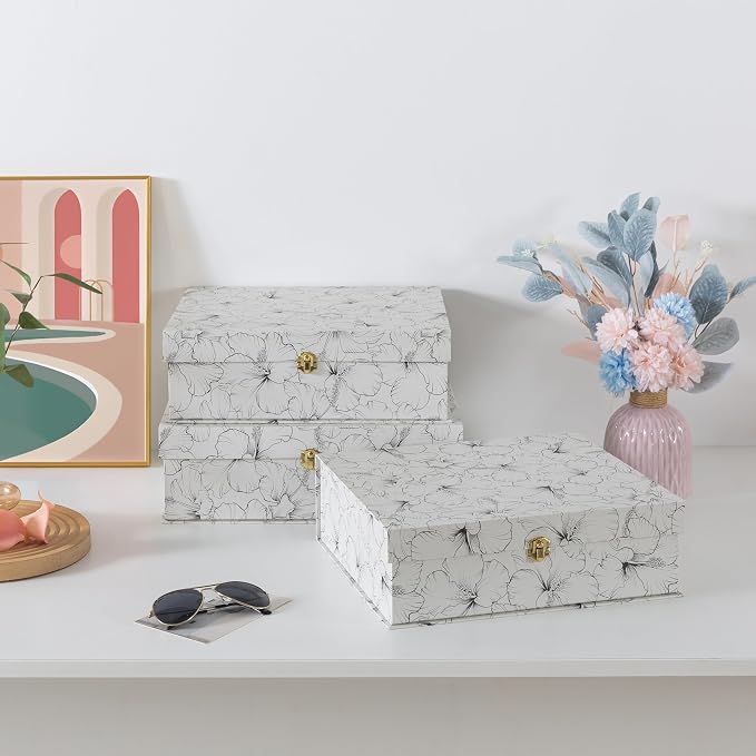 Soul & Lane - Black and White Floral Boxes with Gold Hardware, Set of 3 | Large Stacking Keepsake Boxes with Lids for Home Decor and Organizing, Elegant Cardboard Memory Storage Trunks - Image 4