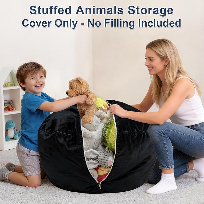 Lukeight Stuffed Animals Storage Bean Bag Chair Cover for Kids, Cozy Velvet Plush Toy Organizer Seat, Cover Only, No Filling Included, Long YKK Zipper, Side Pocket, X-Large 30 x 18 in - Image 4