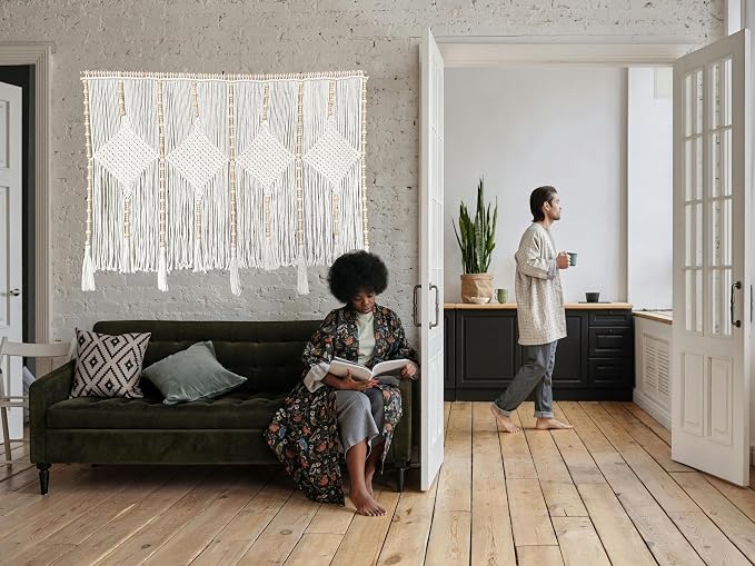 kiido Large Macrame Wall Hanging 47"×33" Boho Tapestry Woven Wall Decor- Cotton Tassel Macrame Curtain Beige Chic Bohemian Wall Art for Home Living Room Bedroom Dorm Wedding (Includes Hanging Rod) - Image 7