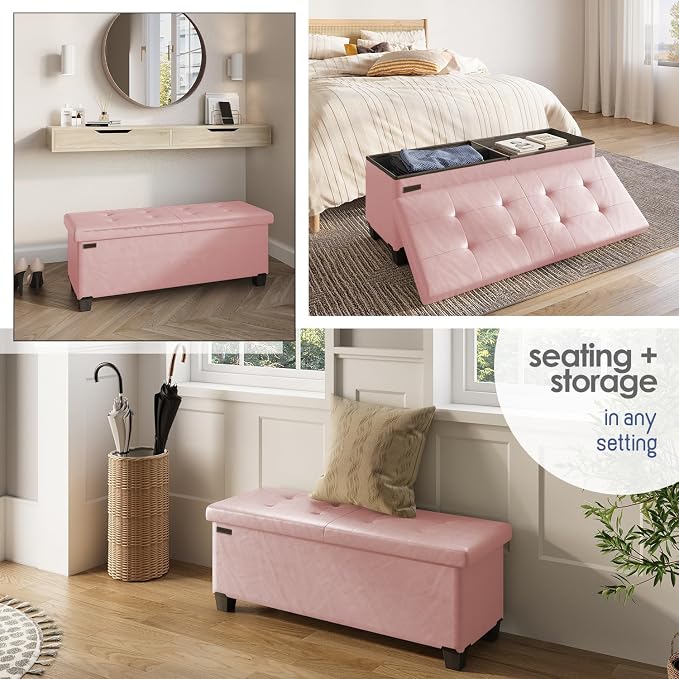 Storage Ottoman Bench with Bins, 43-in Storage Bench for Bedroom End of Bed, Folding Foot Rest Ottoman for Living Room Max 660lbs, Leather Ottomans, Pink - Image 4