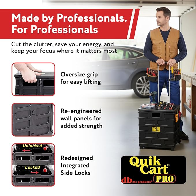 dbest Products Quik Cart Pro Collapsible Rolling Crate on Wheels - Black | Roll Up to 120 lbs Capacity, Heavy Duty Plastic Construction, Telescoping Handle, Folding Utility Cart - Image 7