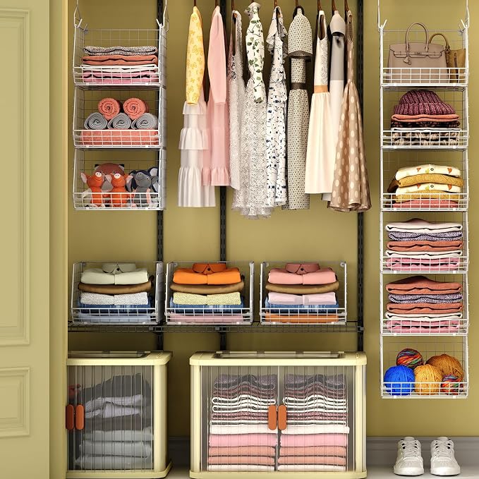 X-cosrack 6 Tier Closet Hanging Organizer, Clothes Hanging Shelves with 4 Hanging Hooks 5 S Hooks, Wire Storage Basket Bins, for Clothing Sweaters Shoes Handbags Clutches Accessories Patent - Image 2