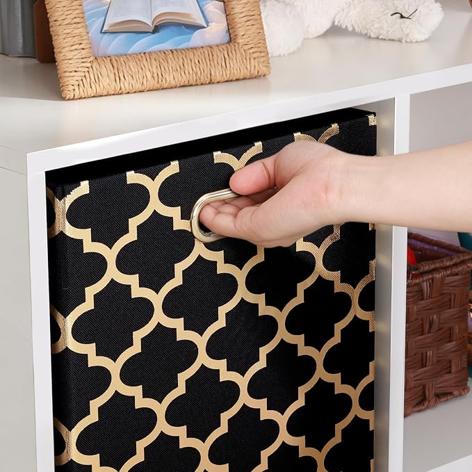 Posprica 13x13x13 Storage Cube Bins, Collapsible Storage Bins Fabric Storage Cubes Organizer Baskets Box Drawers for Shelves, Closet, Wardrobe, Bookshelf, Cabinet,(Set of 4, Black/Gold lantern) - Image 6