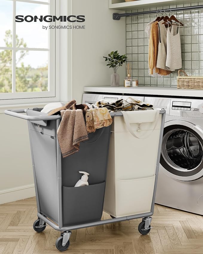SONGMICS Laundry Basket with Wheels, 2-Section Laundry Sorter, 50.2 Gallons (190 L) Rolling Hamper with Removable Bags, Heavy-Duty Steel Frame, Cream White and Dark Gray URLS009X01 - Image 2