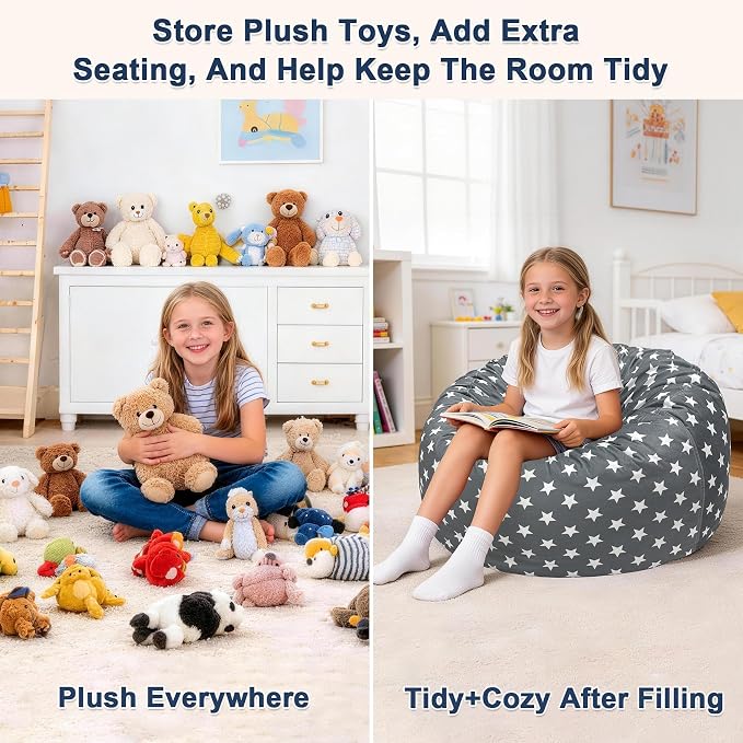 Lukeight Stuffed Animal Storage Bean Bag Chair Cover for Kids, Velvet Plush Toy Organizer Seat, Cover Only, No Filling Included, Long YKK Zipper, Side Pocket, Large 27"D x 16"H - Image 3