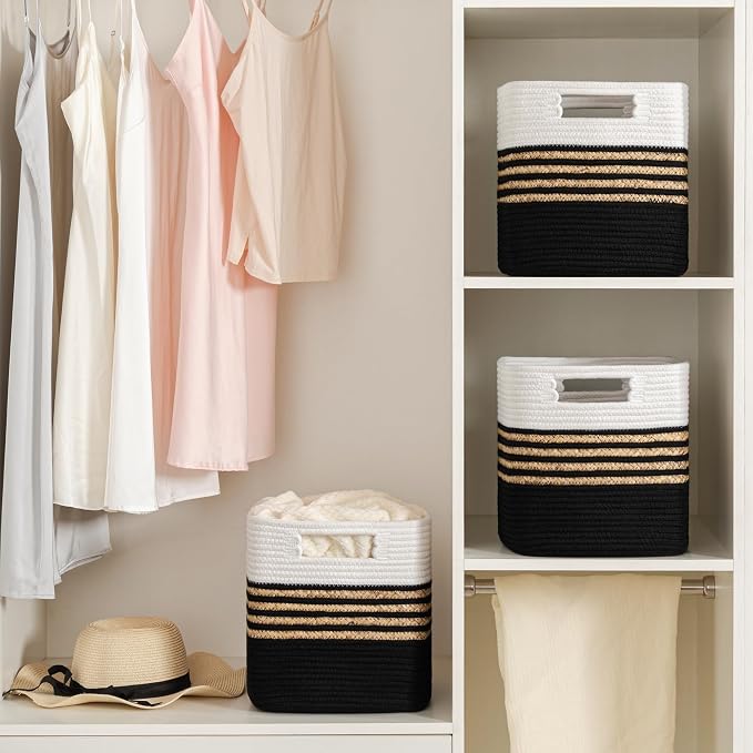 UBBCARE Set of 4 Storage Cubes 11 X 10.5 X 10.5 in, Water Hyacinth Storage Bins for Shelves, Toys, Books, Organizing Baskets with Handles, Cotton Rope Woven Baskets, Black - Image 5