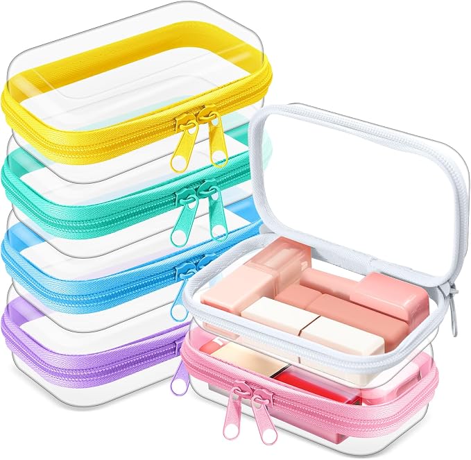Sanwuta 6 Clear Hard Zipper Case,Colorful,5 X 3 X 2 Inch | Pencil Case Pouches ,Makeup Bag,Plastic Toiletry Diaper Bag ,Travel Toy Storage,Waterproof Organizer Bins by Sanwuta