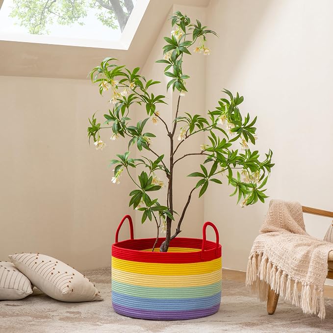 KAKAMAY Large Blanket Basket with Handles, Storage Basket for Living Room | Extra Large Capacity | Natural Cotton Rope | Blanket Storage | Woven Storage Basket | Stuffed Animal Storage | Laundry Basket - Image 9
