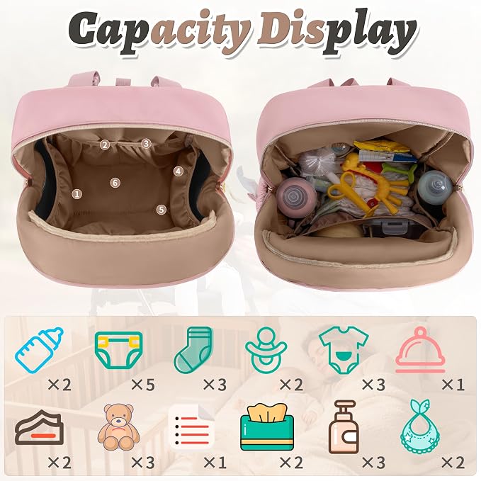 Diaper Bag Backpack, 27L Travel Quilted Baby Bags Unisex | with Changing Pad, Pacifier Bag, Stroller Straps Parents Essentials for Outdoor Trip Hospital & Daily Work, Pink - Image 3