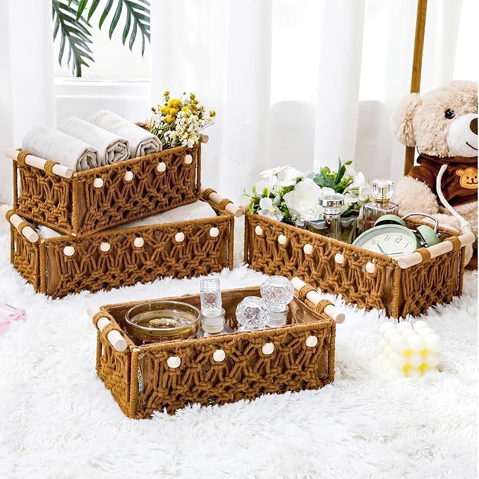 Vesici 4 Pcs Rustic Brown Macrame Storage Basket for Shelves 13 in 11 in Boho Basket Hand Woven Boxes with Wood Handles Beads Decorative Countertop Toilet Tank Cabinet Organizer for Home Room Decor - Image 6