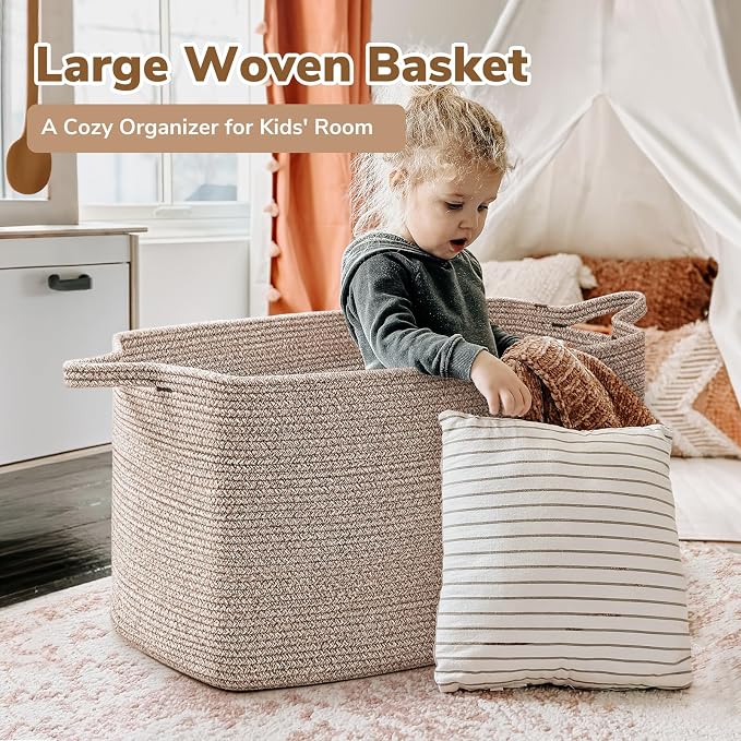 Goodpick 85L Large Woven Rope Blanket Basket, Rectangle, Brown | 23.6'' x 15.7'' x 13.8'' Storage Basket for Blankets, Toys & Clothes, Living Room & Bedroom Organization, Reinforced Handles - Image 2
