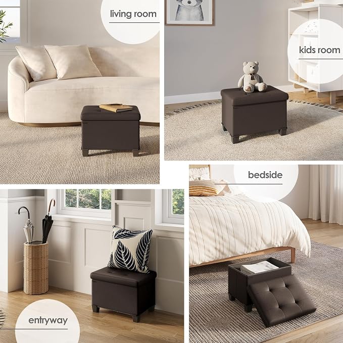 Storage Ottoman Cube with Small Bin, 16-in Square Ottoman with Storage for Living Room and Bedroom, Small Ottomans Foot Rest, Leather Foot Stools Ottomans Max 330lbs, Brown - Image 4