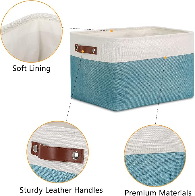 DULLEMELO Storage Baskets for Shelves, Fabric Collapsible Rectangular Storage Bins for Shelves, Closets, Nursery, Home, Empty Gift Baskets (3-Pack Medium-15 inch X 11 inch X 9.5 inch , White&Teal) - Image 3