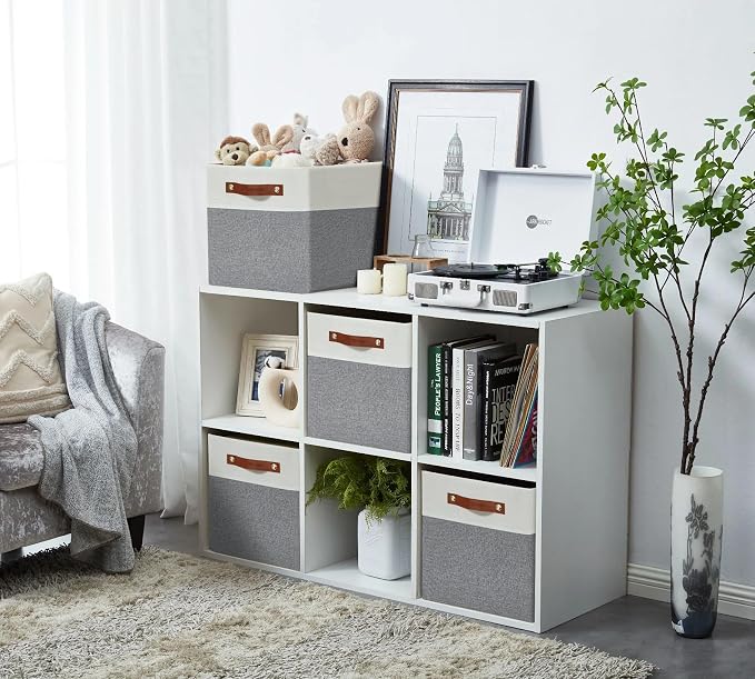 DECOMOMO Fabric Cube Storage Bins, Storage Baskets for Shelves 4 Pack | 13 inch Cube Storage Organizer for Kallax and Cubbies (Grey & White) - Image 2