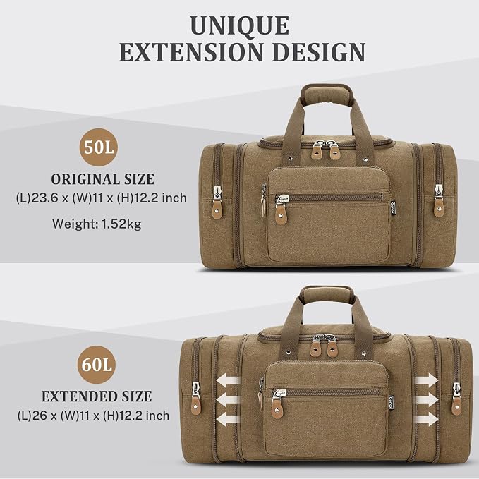 Gonex Canvas Duffle Bag, Expandable 60L Travel Overnight Weekender Bag | for Men, with Toiletry Bag, Multiple Pockets, Carry-On Size, Durable Zippers, Detachable Strap, Coffee - Image 2