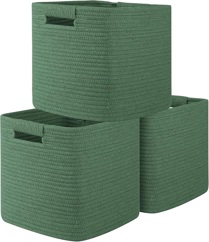 OIAHOMY Storage Cubes 11 Inch Storage Bins-3 Pack, Cotton Rope Woven Baskets for Organizing, Square Baskets for Shelves Organizer, Classroom, Toy Basket, Green by MasterofSpaceOptimization